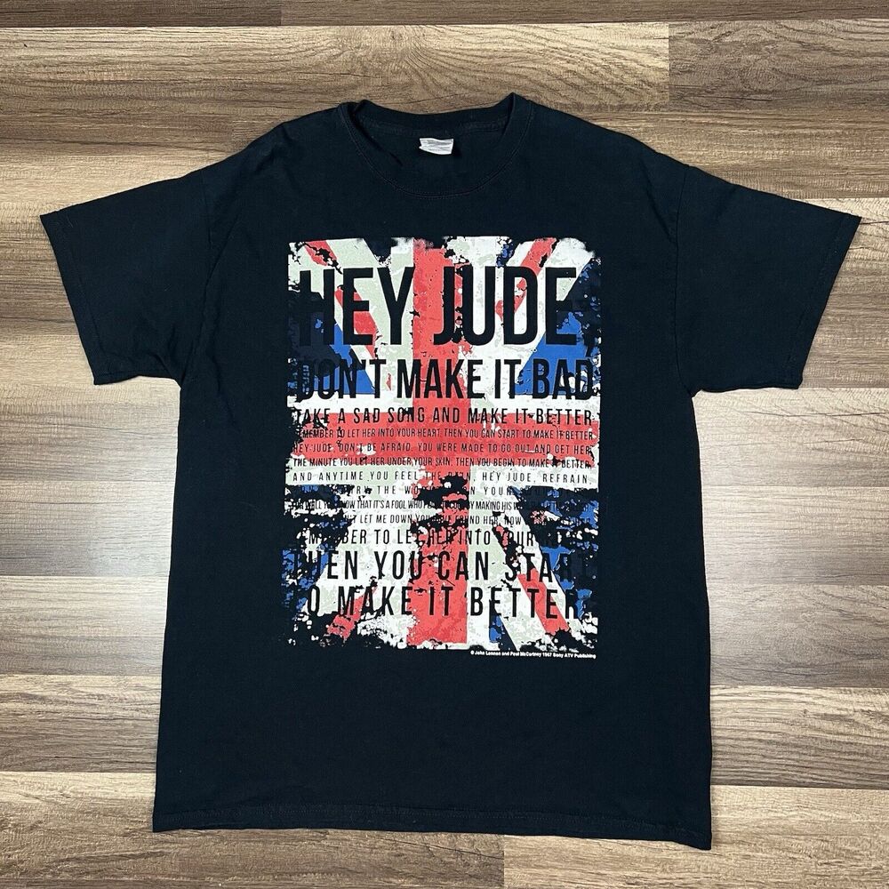 Y2K The Beatles Hey Jude, Don't Make It Bad British Flag Black T-Shirt Sz Large